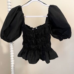 ASTR the label Black puff sleeve shirred ruched top cotton small medium summer